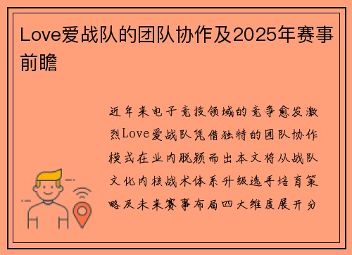 Love爱战队的团队协作及2025年赛事前瞻