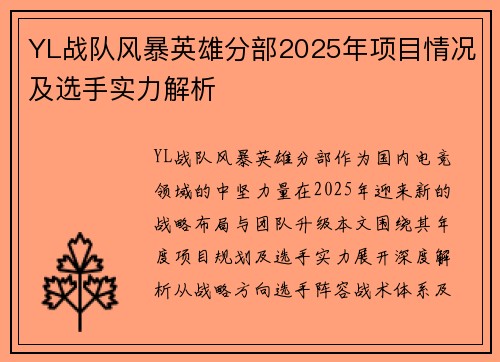 YL战队风暴英雄分部2025年项目情况及选手实力解析