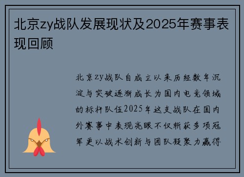 北京zy战队发展现状及2025年赛事表现回顾